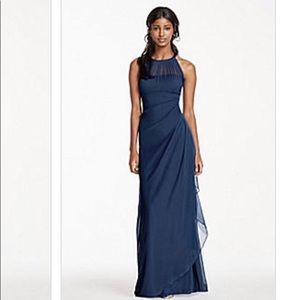 Davids bridal long dress -illusion neckline Marine